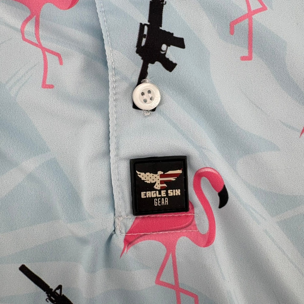 Eagle Six Gear Mens 2XL Flamingo Rifle Polo Shirt Light Blue Tactical Tropical - Picture 7 of 7